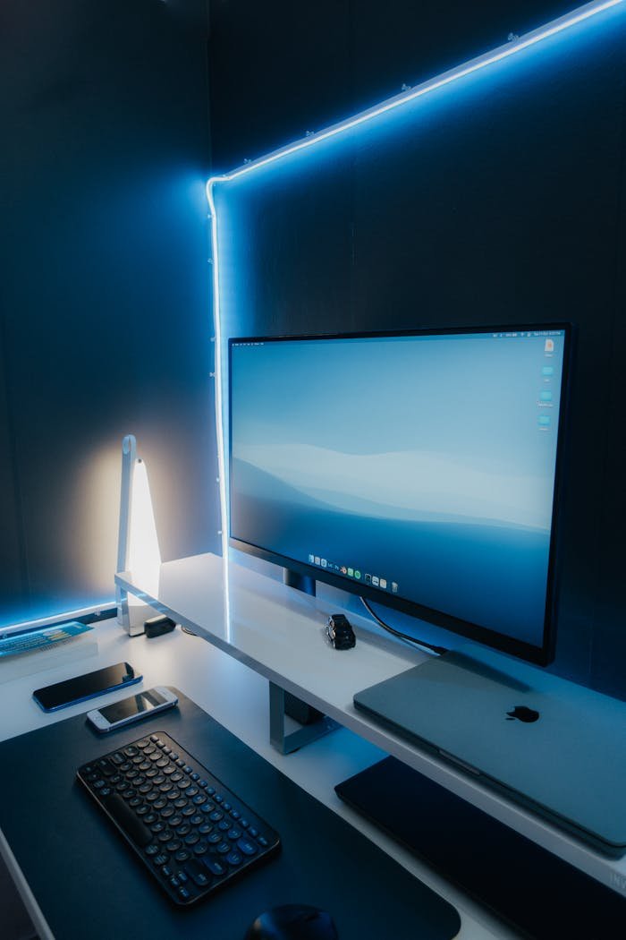 A sleek and modern workspace setup featuring a desktop monitor, keyboard, and LED lighting.